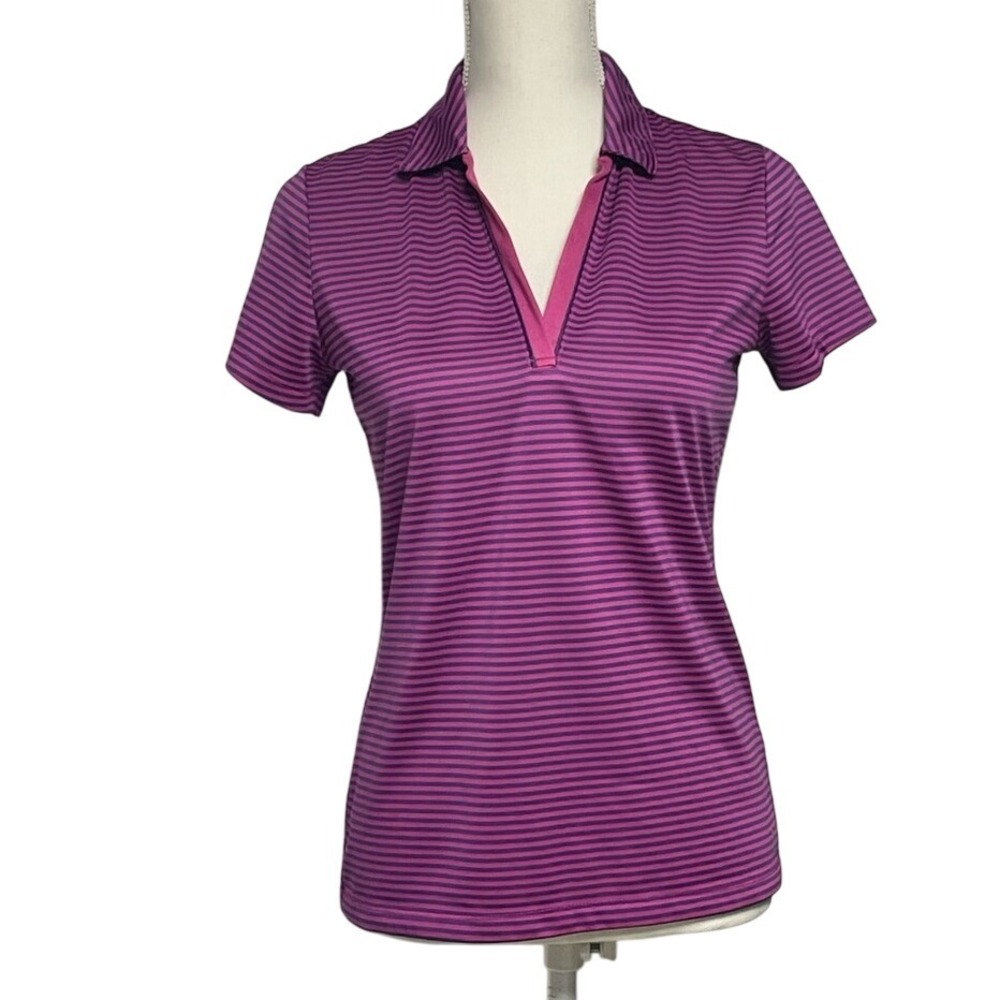 Izod Golf Purple Pink Stripe V Neck Polo Shirt Women's Small